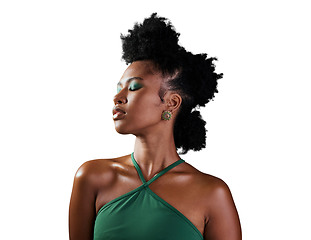 Image showing Makeup, black woman isolated and pose against a transparent png background. Self love or beauty cosmetics, trendy or thinking and young African female person posing for cool vintage fashion style