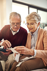 Image showing Senior couple, finance and bills in budget check for expenses, receipts or calculating costs at home. Elderly man and woman in financial discussion, accounting or investment plan, payment or savings