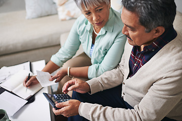 Image showing Finance, budget and senior couple on sofa planning, pension documents and retirement funding or loan. Writing, life insurance and asset management with elderly woman and partner, bills and calculator