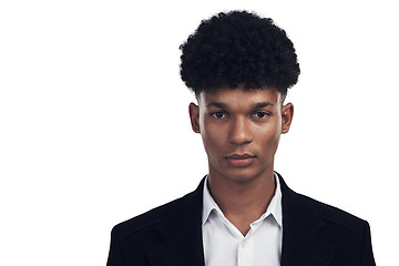 Image showing Fashion, serious and portrait of a young man with a formal, elegant and stylish suit outfit. Trendy, cool and face of a handsome male model with classy style isolated by a transparent png background.
