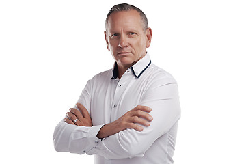 Image showing Serious, crossed arms and portrait of a senior businessman with confidence for leadership and pride. Professional senior male corporate lawyer from Australia isolated by a transparent png background.