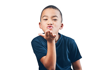 Image showing Boy child, blowing air kiss and happy portrait for flirting, motivation or love. Inspiration, hand gesture and latino kid isolated on transparent, png background to pout lips for kindness or romance