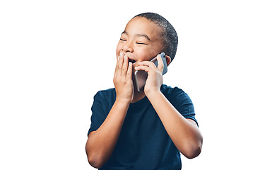 Image showing Child, phone call and laughing or talking for communication with network connection. Smartphone, technology and latino kid isolated on a transparent, png background for funny conversation or chat