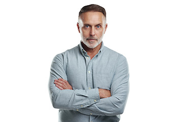 Image showing Portrait of confident man with arms crossed and serious face isolated on transparent png background. Confidence, pride and mature businessman as proud and professional business owner as a CEO