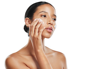 Image showing Woman, face cream and relax for skincare beauty cosmetics isolated on a transparent PNG background. Calm female person applying skin product, lotion or creme in dermatology or facial treatment
