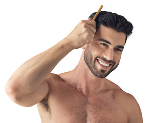 Image showing Hair, care and face of happy man with comb isolated on transparent, png background. Barber, cosmetics and Arab person or aesthetic model with hairstyle growth, beauty and grooming or wellness results
