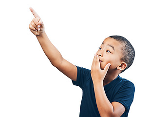 Image showing Child, pointing finger and advertising or surprise, choice or attention. Inspiration, announcement and latino kid isolated on a transparent, png background with hand on mouth for wow promotion deal