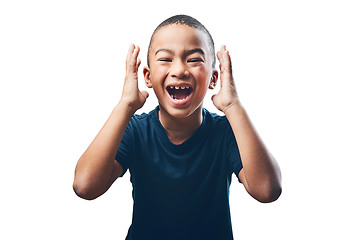 Image showing Surprise, wow and an expression portrait of a child for good news, excited and happy. Smile, youth and face of a young boy kid with shock isolated on a transparent png background while playing