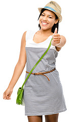 Image showing Travel, thumbs up and woman portrait with casual fashion and thank you emoji hand sign. Yes, winner and success gesture isolated on a transparent, png background with young female tourist and smile