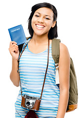 Image showing Woman, travel and passport with portrait and photographer on holiday with a smile. Young female, ID document and happy isolated on transparent, png background traveling on vacation with photography
