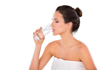 Image showing Hydration, woman with glass drinking water and isolated against a transparent png background. Hydrate or healthcare, natural nutrition or detox and female person drink liquid for health wellness