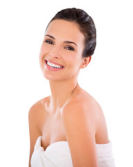 Image showing Happy woman in portrait, beauty and skincare, dermatology and natural cosmetics isolated on transparent png background. Spa treatment, self care and facial, female model and cosmetic skin glow