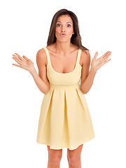 Image showing Fashion, goofy and portrait of woman in a dress for elegant, stylish or classy outfit. Silly, confidence and young beautiful female model with formal style isolated by a transparent png background.