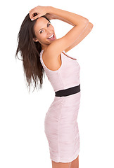 Image showing Woman, happy and portrait with body or dress with confidence in png with isolated in transparent background. Happiness, beauty and fashion with stylish female with freedom and trendy clothes.