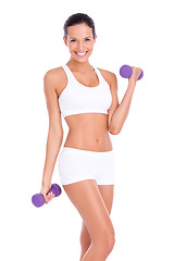 Image showing Fitness, dumbbell and body portrait of woman with smile isolated on transparent png background, motivation and health. Sports, happy and confident girl, muscle training progress and exercise workout.