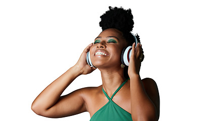 Image showing Isolated African woman, headphones and excited with music, fashion or smile by transparent png background. Happy gen z girl, model and audio streaming with radio, podcast or sound with green makeup