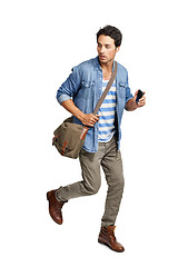 Image showing Isolated student man, bag and rush for travel, transport and late for college by transparent png background. Young guy, walking fast and satchel for education, thinking and ideas with anxious face