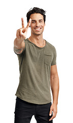 Image showing Peace, cool and portrait of happy man with a number isolated on transparent png background. Smile, attitude and a person or fashion model showing an emoji hand or communication for v sign language