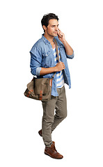 Image showing Man, phone call and communication with conversation and contact isolated on png transparent background. Male person in casual clothes, walking and talking with chat on mobile, network and connection