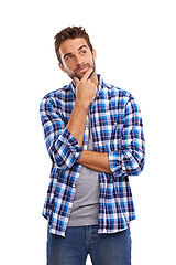 Image showing Thinking, memory and a man with a plan and emotion isolated on transparent png background. Serious, confused and a male creative designer with ideas, doubt and problem solving with expression