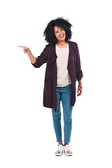 Image showing Hand, pointing and portrait of happy woman on isolated, transparent or png background. Finger, decision and female person smile for gesture, sign or information, choice or announcement, promo or deal