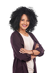 Image showing Smile, confidence and portrait of woman isolated on transparent png background with arms crossed. Happiness, pride and face of confident, proud latino model with happy positive mindset and motivation