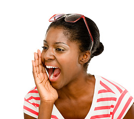 Image showing Woman, yelling and noise with isolated on a transparent, png background with hello. Shouting, African female person and youth with hand and call to mouth for attention and loud announcement