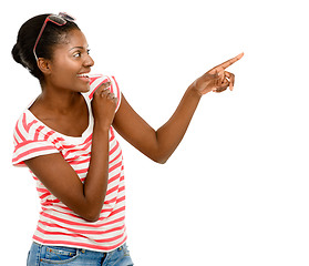 Image showing Fashion, pointing and happy black woman for advertising on isolated, PNG and transparent background. Marketing, promotion and excited female person with hand gesture for selection, logo or choice