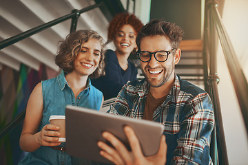 Image showing Teamwork, collaboration or happy people with tablet or online report in meeting for analysis on steps. Smile, internet or group of employees in startup modern office on stairs for a digital project