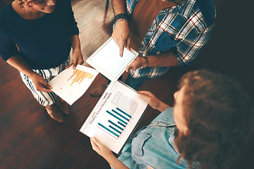 Image showing Paperwork, graphs or hands of business people with tablet planning a project with charts or data research. Teamwork, finance documents or above financial accountants in meeting for a digital strategy