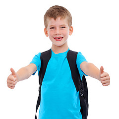 Image showing Happy boy, portrait and thumbs up for winning in education, learning or success with backpack. Child showing thumb emoji, yes sign or like for back to school isolated on a transparent PNG background