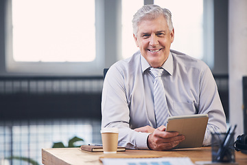 Image showing Senior, business man and tablet in portrait with smile, analysis and planning at desk for schedule. Elderly businessman, fintech and mobile touchscreen for email, market strategy or contact on web