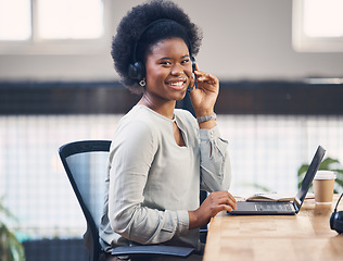 Image showing Portrait, call center and laptop with a black woman consultant working in her telesales office. Contact us, customer service and telemarketing with a female employee consulting using a headset