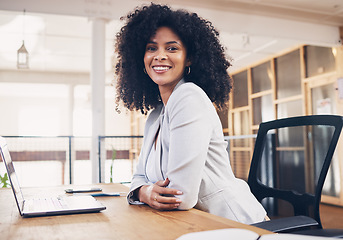 Image showing Portrait of business black woman working on laptop for office startup, career hr management and company planning. Happy online professional worker, person or manager in human resources with computer