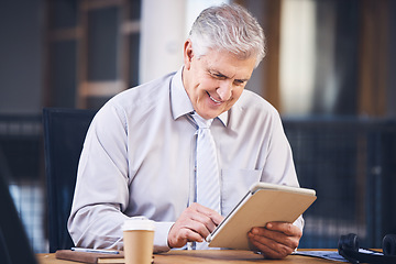 Image showing Planning, digital tablet and senior businessman in office for internet, search and creative idea in management. Boss, online project and elderly male happy, smile and excited for review and proposal