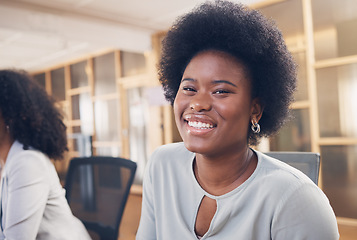 Image showing Portrait, business or happy black woman in office building startup agency with leadership, smile or confidence. Manager, face or headshot of African worker in workspace with company or career mindset