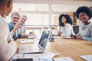 Image showing Planning, meeting and business people listening to a man for an idea, plan or strategy to a project. Team, communication and businessman talking to colleagues about corporate plans in a seminar