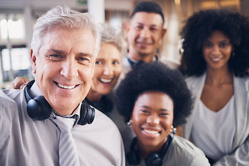 Image showing Call center, men and women in office selfie with smile, diversity and happiness for teamwork. Senior man, old woman and black people in tech support with profile picture together for social media app