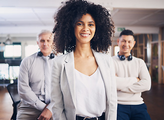 Image showing Portrait, black woman and team in office, smile and partnership for advertising agency, project and collaboration. African female leader, men and employees with happiness, staff and profit growth