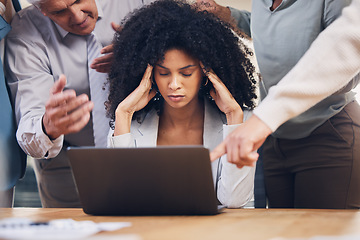 Image showing Stress, chaos and black woman with headache from multitasking, workload and team pressure in office. Burnout, fail and corporate manager with anxiety, mistake and deadline, problem or online glitch