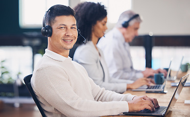 Image showing Portrait, laptop and call center with a man consultant working in a telemarketing office for support. Customer service, contact us and computer with a male employee consulting using a headset