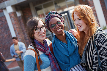 Image showing Friends make student life all the more fun. Portrait of a group of university students on campus.