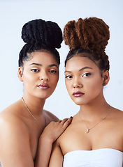 Image showing Theyre both ravishing beauties. Studio shot of two beautiful young women posing against a grey background.