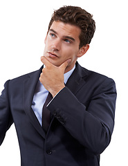 Image showing Thinking about business growth. Thoughtful young businessman looking up and wondering against a white background.