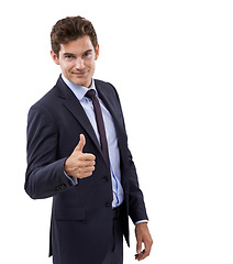 Image showing Impressive work. Studio shot of a well dressed businessman giving you thumbs up against a white background.