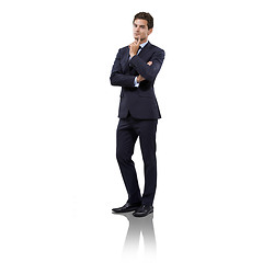 Image showing Suit, corporate fashion for business and a stylish man looking confident and professional on a png, transparent and isolated or mockup background. Portrait of a handsome executive or entrepreneur