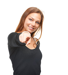 Image showing Confidence is a beautiful feature in a woman. Studio shot of a beautiful young woman pointing at the camera.