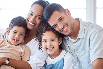 Image showing Parents, kids and portrait on couch with smile, hug and together with support, love and care in lounge. Young children, mom and dad on living room sofa for bonding, siblings and relax in family house