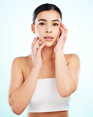 Image showing Portrait, skincare and confident woman in studio isolated on a white background. Face, natural beauty and female model with makeup, cosmetics or facial treatment, healthy skin or aesthetic wellness