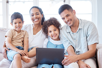 Image showing Parents, kids and portrait on sofa with laptop, smile and together for movie, video or cartoon on web. Young family, children and happy on living room couch with computer, bond and relax in house